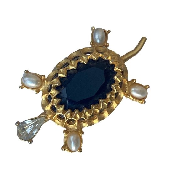 Vintage Gold Tone Turtle Brooch Black Faceted Stone Faux Pearl Rhinestone Pin - Picture 6 of 6